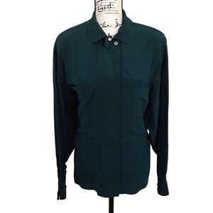 Vintage 1980s 100% Silk Collared Button Down Shirt Teal Green 14 Shoulder Pads